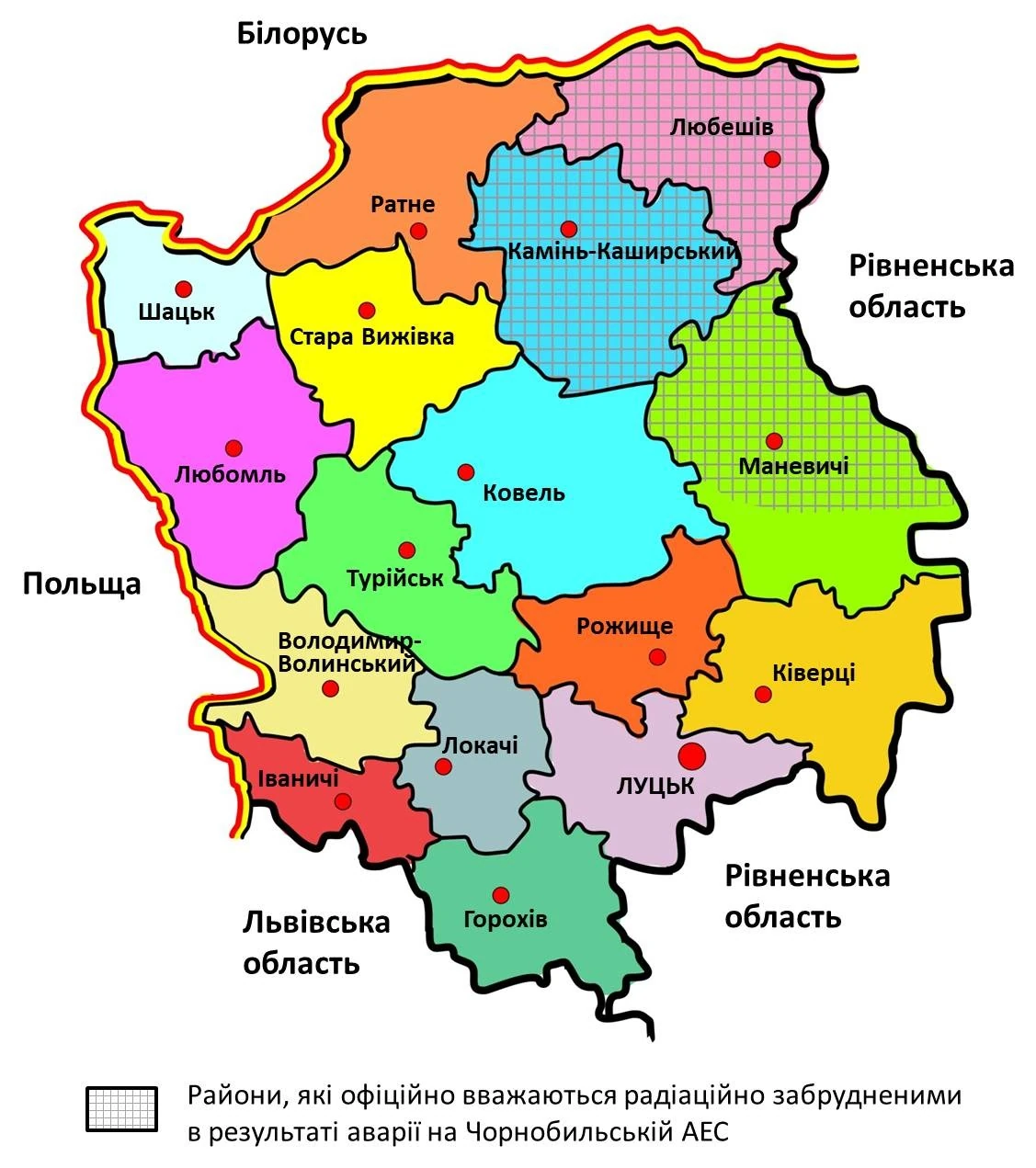 Карта Волынской области с четырьмя районами, выделенными разными цветами
